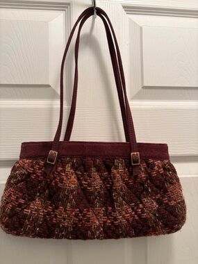 Vera Bradley Suede & Woven Shoulder Bag Burgundy Tweed Polka Dot Lining